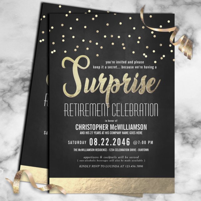 Convite Trendy Black/Dourado Surprise Retirement Party (Criador carregado)