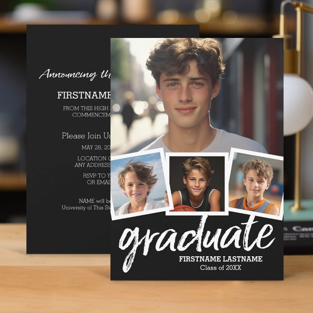 Convite Trendy Black Graduation Announment Party 4 Foto (Classic Graduation Announcement and Party Invitation with 4 Photos)