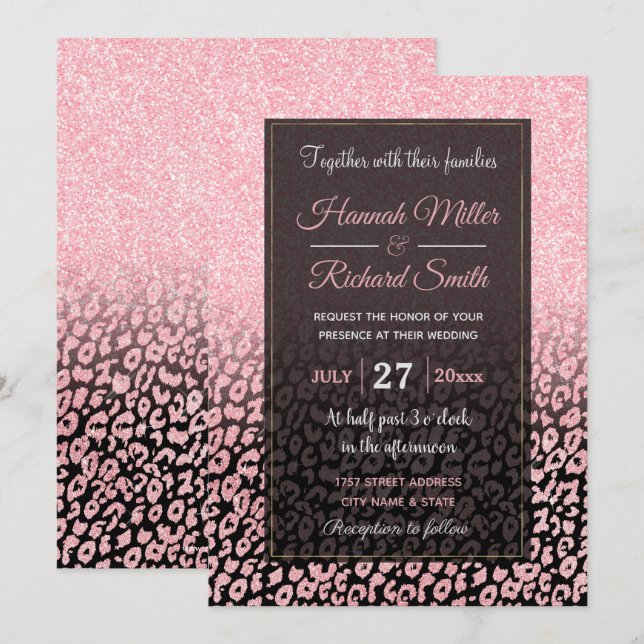 Convite Trendy Black Rosa Dourado Glitter Leopard Ombre (Frente/Verso)