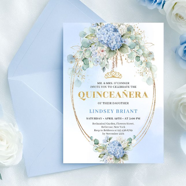 Convite Trendy Blue Flowers Eucalyptus Quinceañera Invite (Trendy Blue Flowers Eucalyptus Quinceañera Invite)