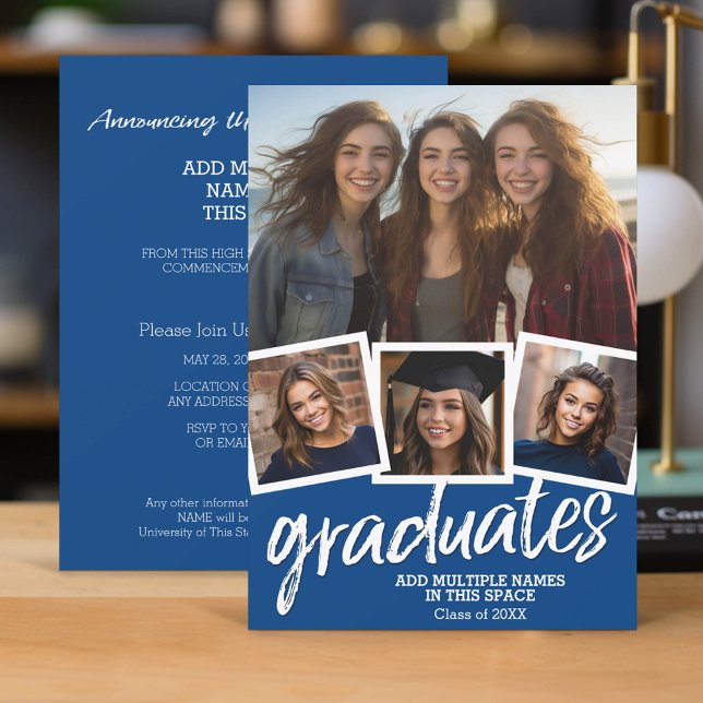 Convite Trendy Blue Graduation Group Party 4 Foto (Group Graduation Invitation with 4 Photos and Party Information)