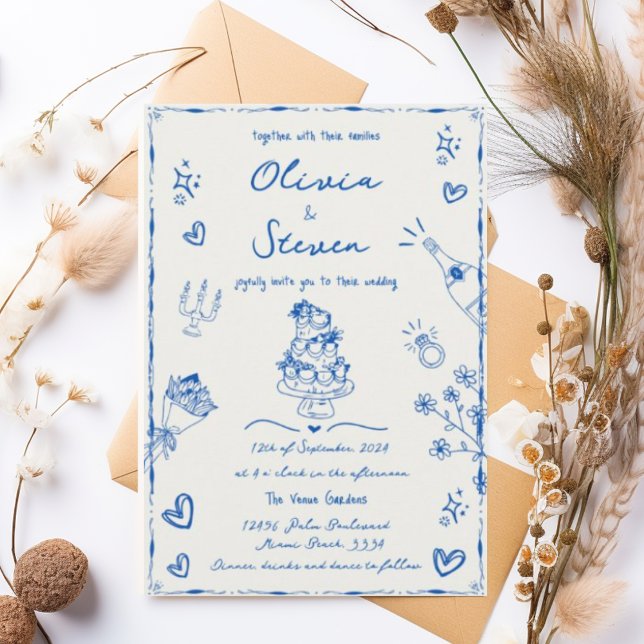 Convite Trendy Blue Hand Drawn Quirky Scribble Wedding (Criador carregado)