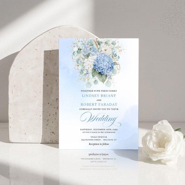 Convite Trendy Blue Hydrangea Gold Flowers Wedding Invite (Trendy Blue Hydrangea Gold Flowers Wedding Invite)