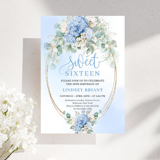 Convite Trendy Blue Hydrangea Gold Sweet Sixteen Party  (Trendy Blue Hydrangea Gold Sweet Sixteen Party Invite)