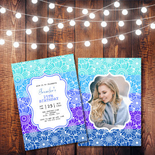 Convite Trendy Blue Mint Stripes Foto Floral Aniversário