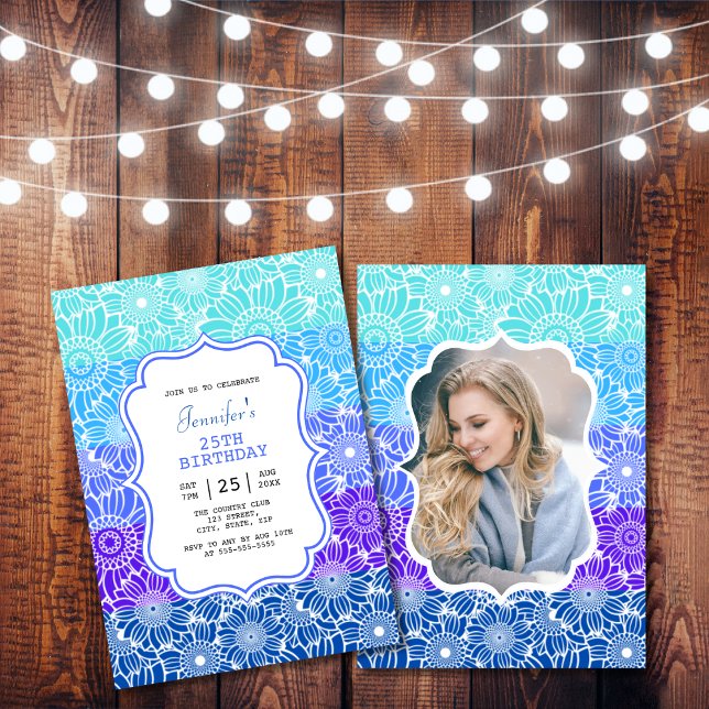 Convite Trendy Blue Mint Stripes Foto Floral Aniversário (Criador carregado)