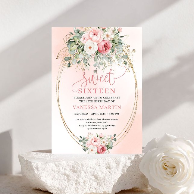 Convite Trendy Blush Floral Sweet Sixteen Party Invitation (Trendy Blush Floral Sweet Sixteen Party Invitation)