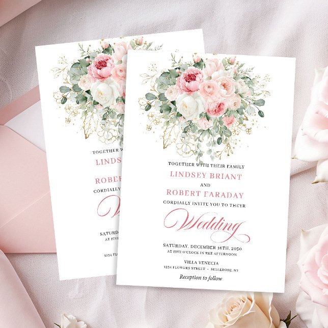 Convite Trendy Blush Peony Gold Floral Wedding Invitation (Trendy Blush Peony Gold Floral Wedding Invitation)