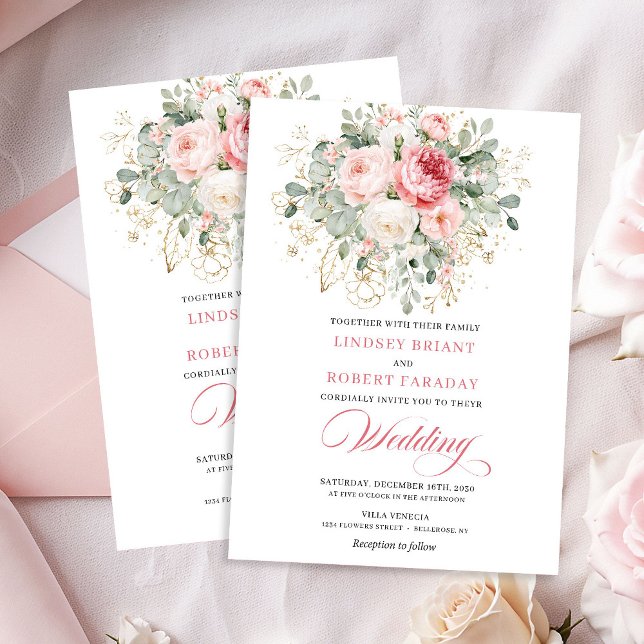 Convite Trendy Blush Rose Gold Floral Wedding Invitation (Trendy Blush Rose Gold Floral Wedding Invitation)