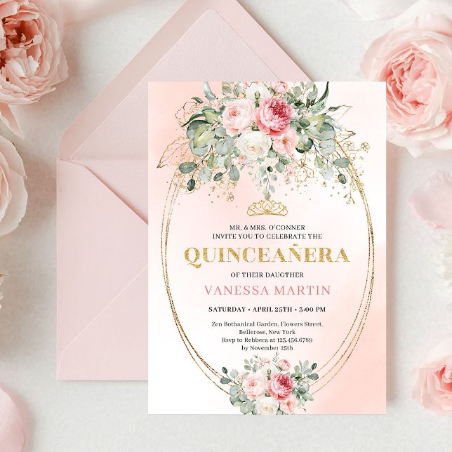 Convite Trendy Bohemian Blush Floral Quinceañera Invitatio (Trendy Bohemian Blush Floral Quinceañera Invitation)