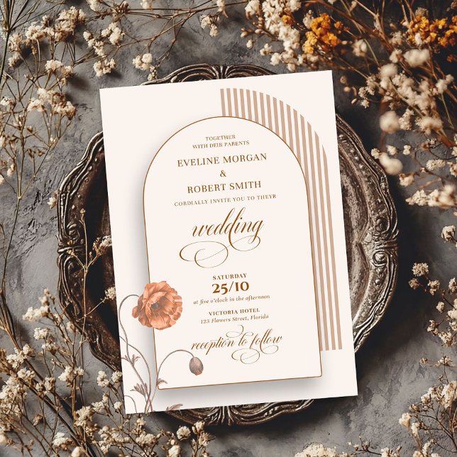 Convite Trendy boho arch terracotta flores marfim castanho (Trendy boho arch terracotta flowers ivory brown invitation)