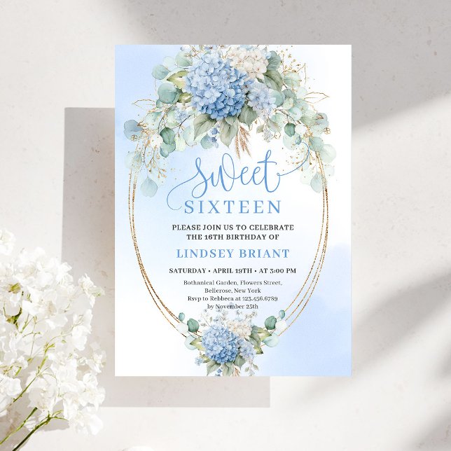 Convite Trendy Boho Blue Hydrangea Sweet Sixteen Party   (Trendy Boho Blue Hydrangea Sweet Sixteen Party Invite)