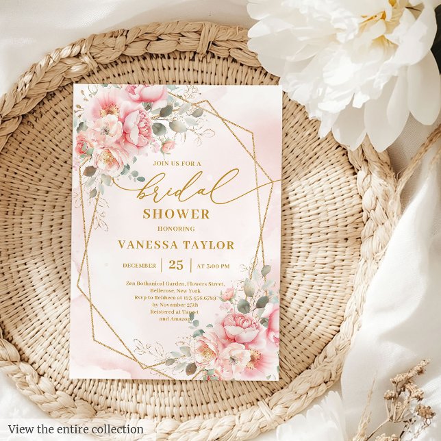 Convite Trendy Boho Blush Dourado Chá de panela Floral Ros (Trendy Boho Blush Pink Gold Floral Bridal Shower Invitation)