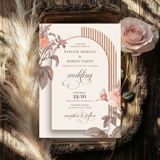 Convite Trendy boho blush rosa marfim castanho (Trendy boho arch blush living roses ivory brown invitation)