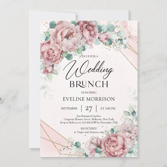 Convite Trendy boho blush rosas eucalyptus brunch (Frente)