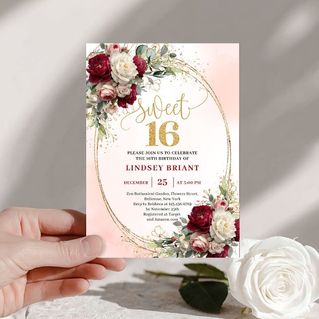 Convite Trendy Boho Deep Red Gold Floral 16th Birthday  (Trendy Boho Deep Red Gold Floral 16th Birthday Invite)