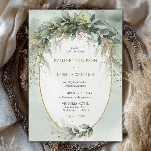 Convite Trendy boho eucalyptus greenery gold casamento (Modern watercolor eucalyptus wreath gold frame wedding invitation digital)