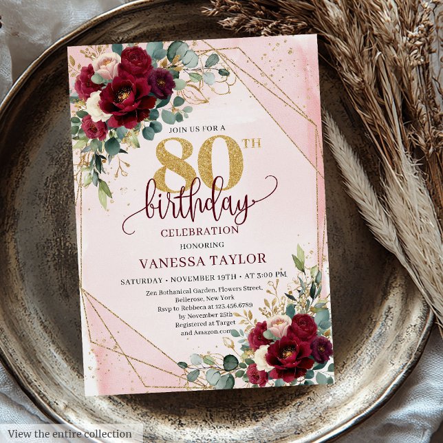 Convite Trendy Boho Marsala, Flores Douradas 80 de Anivers (Trendy Boho Marsala Gold Flowers 80th Birthday Invitation)