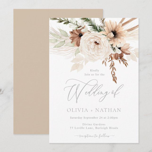 Convite Trendy Boho Neutral Florals Wedding (Frente/Verso)