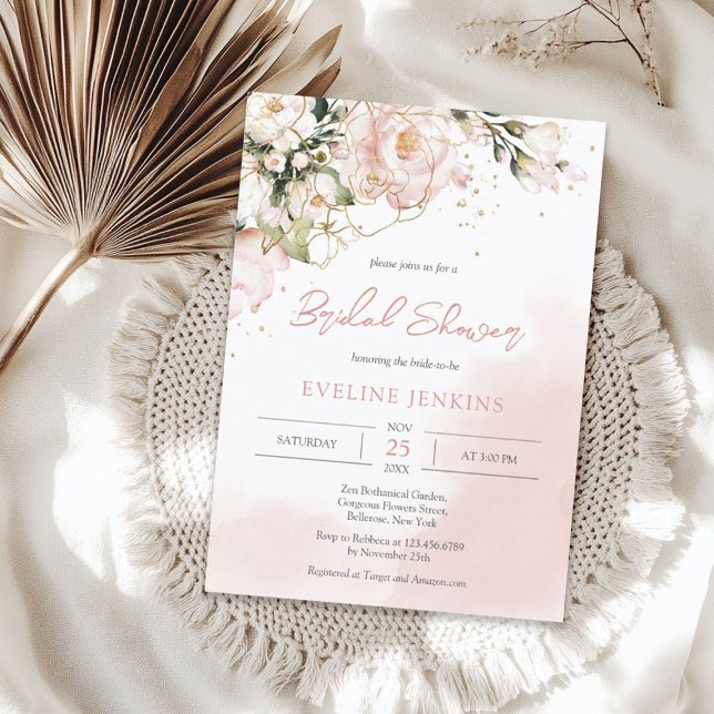 Convite Trendy Boho pincelava flores rosa e douradas eucal (Trendy Boho blush pink and gold flowers eucalyptus Invitation)