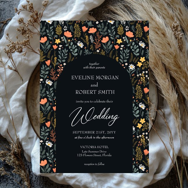 Convite Trendy Boho primavera selvagem flores marinho (groovy retro flat cotagecore wild flowers wedding invitation)