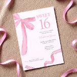 Convite Trendy Bow Ribbon Coquette Sweet 16 Blush Pink<br><div class="desc">Celebrate a milestone in style with this Blush Pink Coquette Sweet 16 Birthday Invitation, available in both print and as a digital download. Featuring a hand-painted watercolor ribbon and bow design by Lorena Depante, this invitation combines soft, feminine elegance with playful charm—perfect for the coquette aesthetic. The pink hues and...</div>