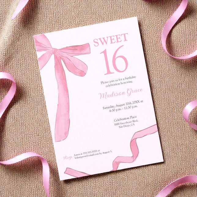 Convite Trendy Bow Ribbon Coquette Sweet 16 Blush Pink  (Trendy, coquette pink bow Sweet 16 invitation.)