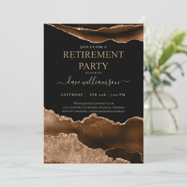 Convite Trendy Brown Agate Gemstone Retirement Party Invi (Em pé/Frente)