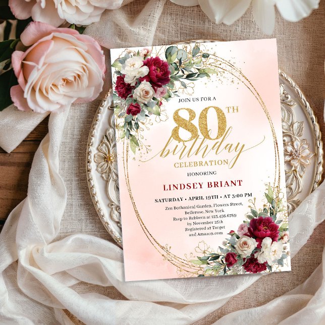 Convite Trendy Burgundy Floral Gold 80th Birthday Invite (Trendy Burgundy Floral Gold 80th Birthday Invitation)