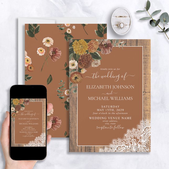 Convite Trendy Burnt Orange Rustic Wood Script Casamento (Criador carregado)
