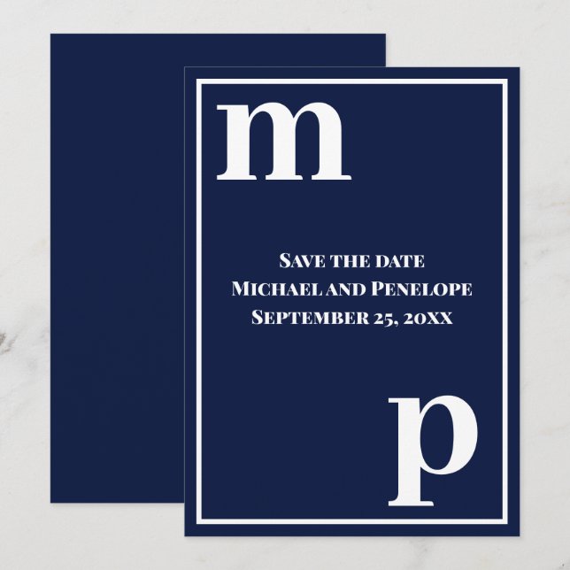 Convite Trendy Cute Monograma Marinho Azul Salvar Data (Frente/Verso)