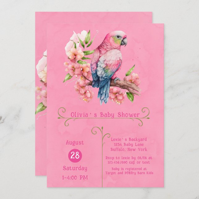 Convite Trendy Cute Parrot Bird Pink Chá de fraldas (Frente/Verso)