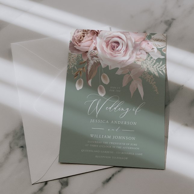 Convite Trendy Designer Blush & Sage Wedding (Criador carregado)