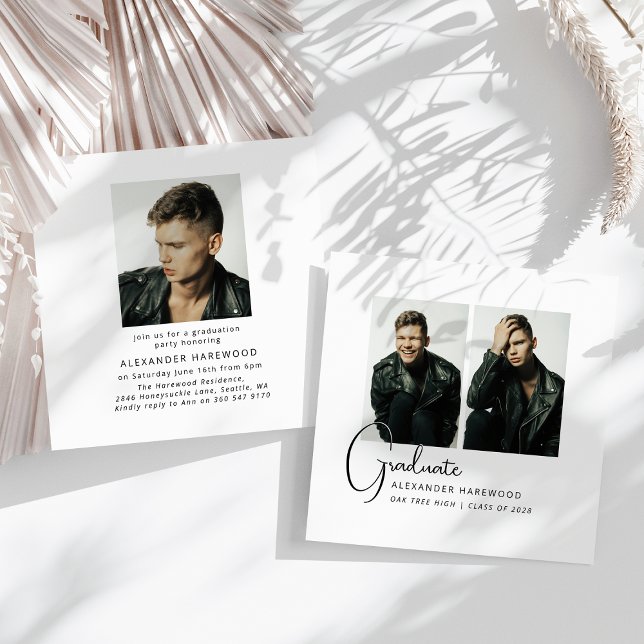 Convite Trendy Double Sided 3 Photo Graduation Party (Criador carregado)