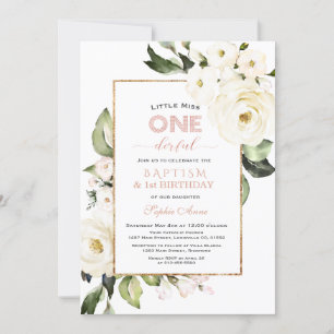 Convite Trendy Dourado Batismo Floral Branco Primeiro Aniv
