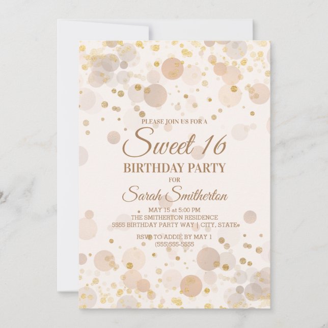 Convite Trendy Dourado Bokeh no Creamy White Sweet 16 (Frente)