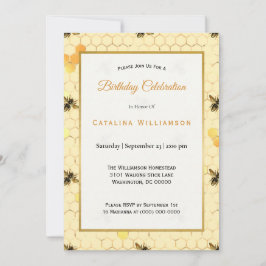 Convite Trendy Dourado Honeycomb Bee Birthday