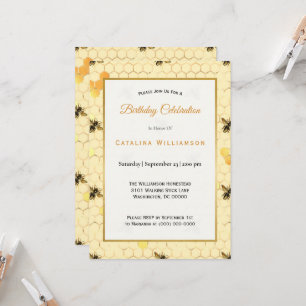 Convite Trendy Dourado Honeycomb Bee Birthday