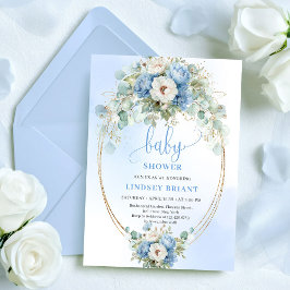 Convite Trendy Dusty Blue Flowers Gold Baby Shower Card