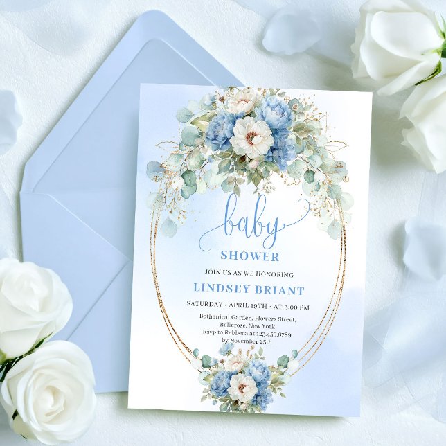 Convite Trendy Dusty Blue Flowers Gold Baby Shower Card (Trendy Dusty Blue Flowers Gold Baby Shower Card

)