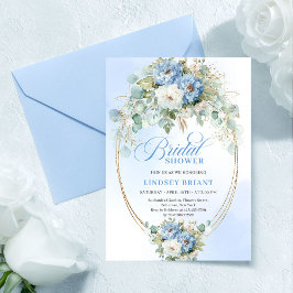 Convite Trendy Dusty Blue Flowers Gold Bridal Shower Card