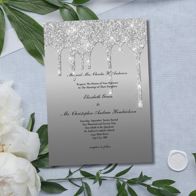 Convite Trendy Elegant Modern Weding (Silver Dripping Glitter Elegant Modern Glam Bling Wedding Invitation)
