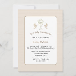 Convite Trendy First Communion Tan Stripes com Chalice