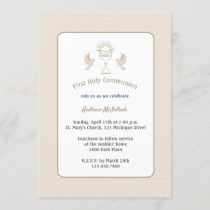 Convite Trendy First Communion Tan Stripes com Chalice