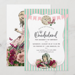 Convite Trendy floral Alice No Aniversário De Onederland