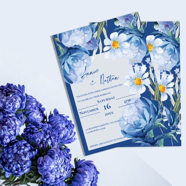 Convite Trendy Floral Weders Bonito Chic Trendy (Chic Pretty Blue Flowers Trendy Floral Wedding Invitation)