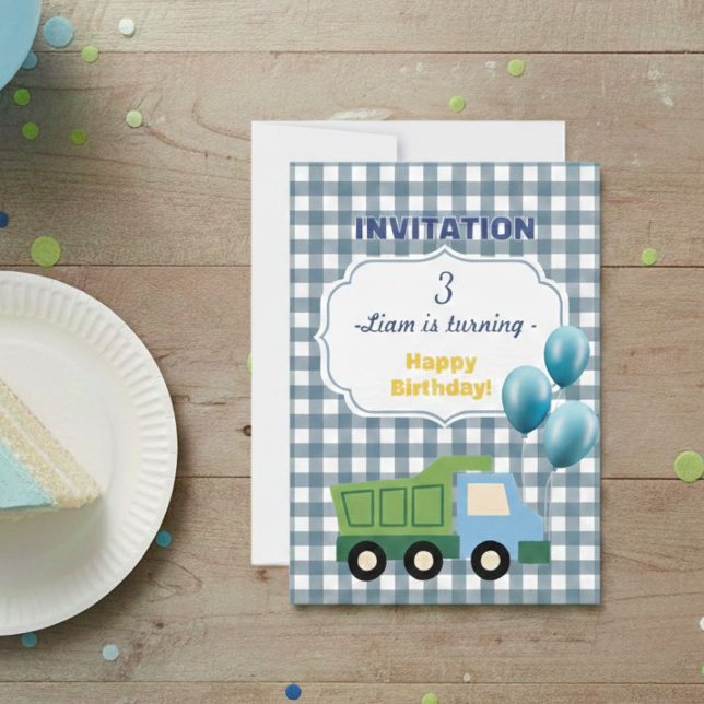 Convite Trendy Gingham Blue Construction 3rd Birthday  (Criador carregado)