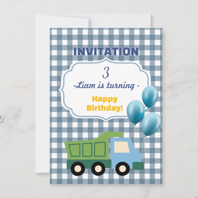 Convite Trendy Gingham Blue Construction 3rd Birthday  (Frente)