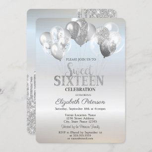 Convite Trendy Glitter Drips Balões Silver Sweet 16