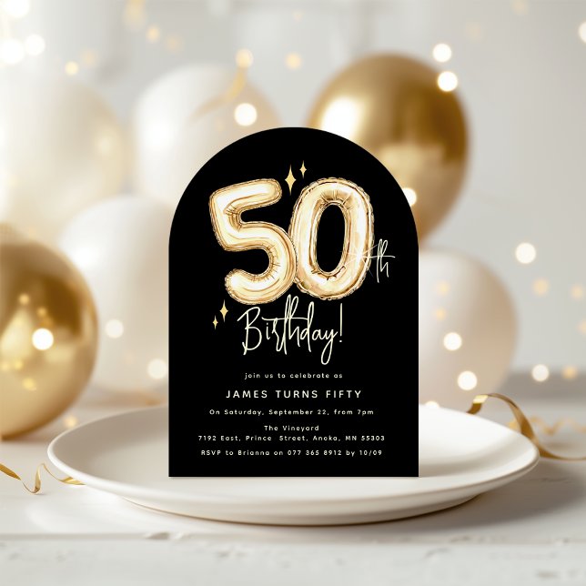 Convite Trendy Gold Fifty Balloons 50th Birthday Party (Criador carregado)